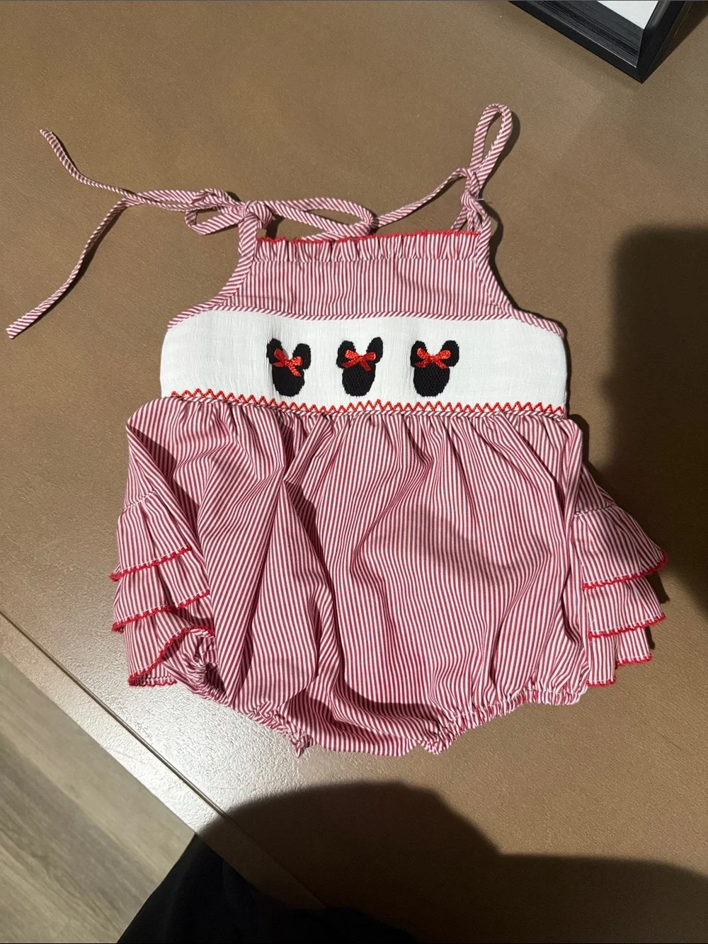 Stitchy Fish Red Striped Baby Romper with Minnie Mouse and Bow Accents